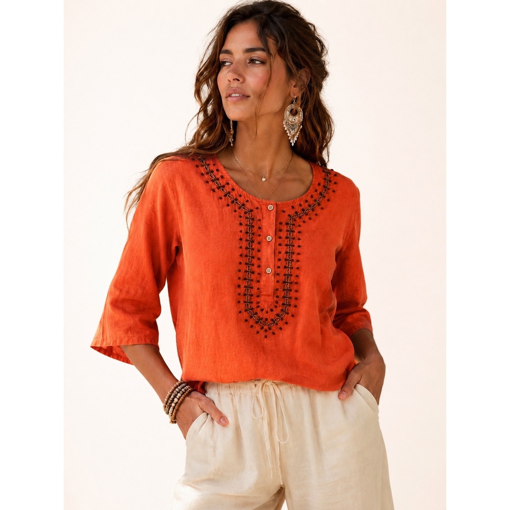 Casey Coleman Henley Blouse Women M Orange Good Vintage Beaded Linen Blend